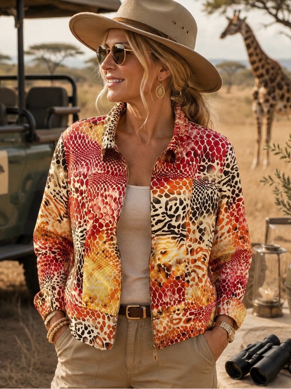 Erin Multicolored Abstract Print Jacket Artsy Colorful Casual Earthy Safari Glam